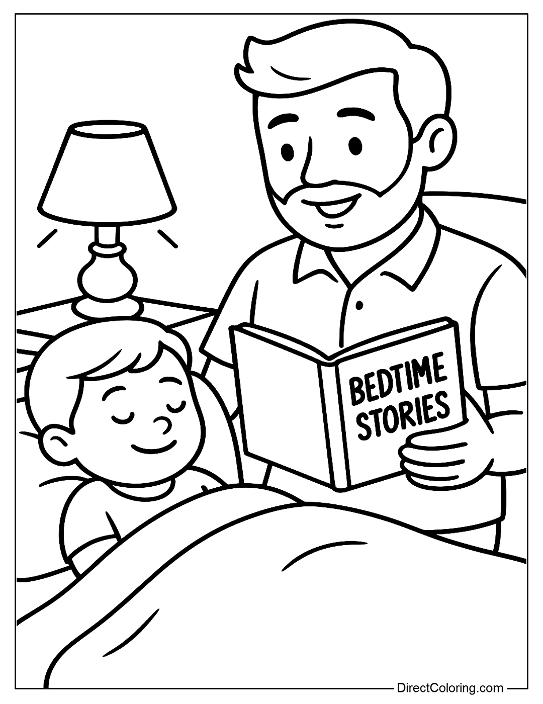 Coloring page Dad reading a book to his child before bed, soft light